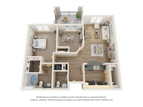 Floor plan for 1 bed, 1.5 baths, 1050 sqft
